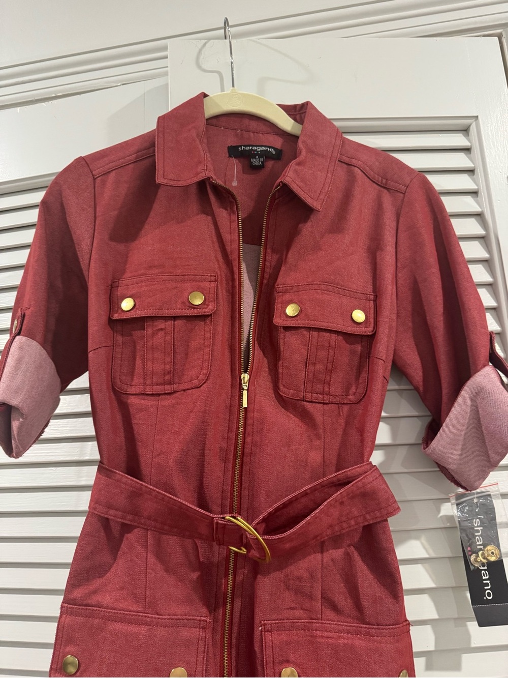Sharagano Red Utility Shirt Dress with Belt - Picture 5 of 9